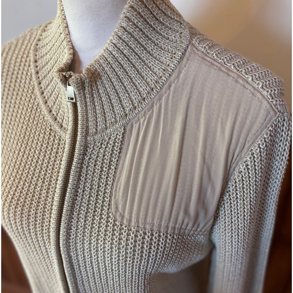 St. John Womens Beige Wool Silk Metallic Cardigan Sweater Elbow Patches Medium - Picture 2 of 9